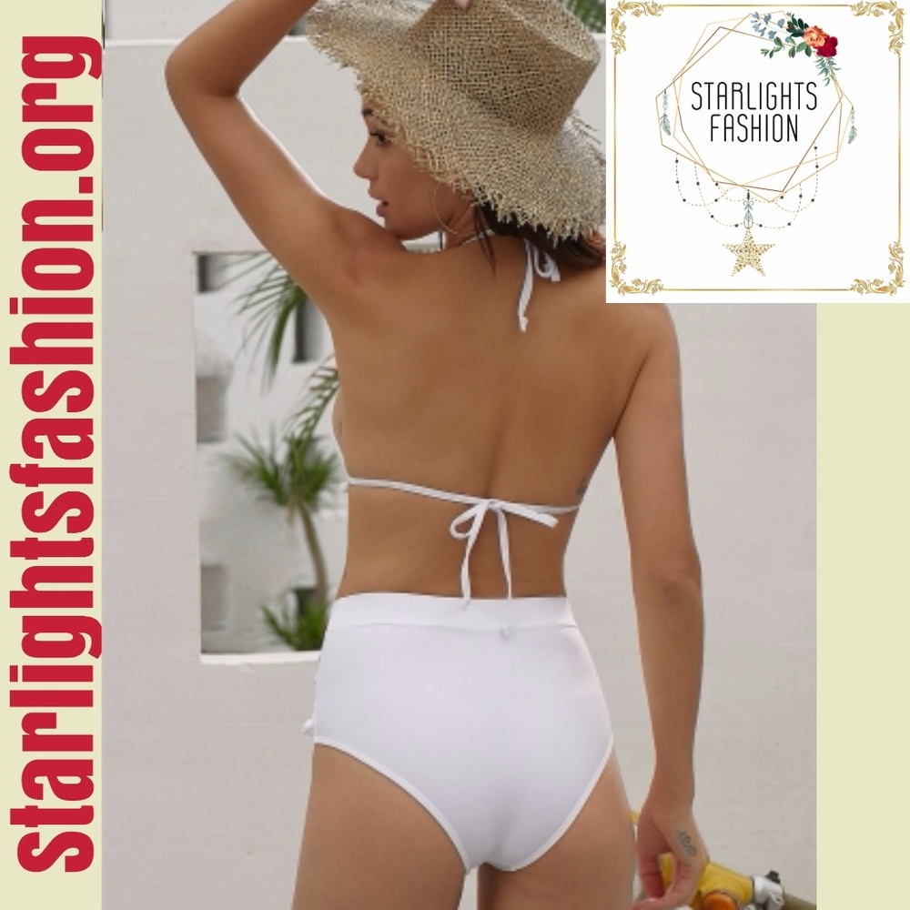 White Pom Pom Mesh Insert High Waist Bikini - Picture 3 of 7